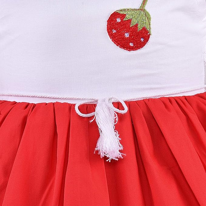 Girls White & Red Strawberry Cotton Dress with Flared Skirt
