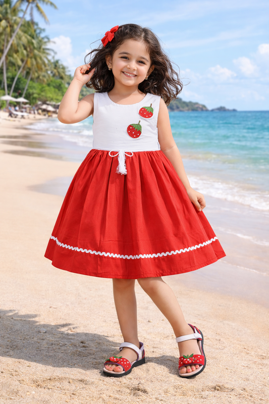 Girls White & Red Strawberry Cotton Dress with Flared Skirt - Wish Karo - photo 1