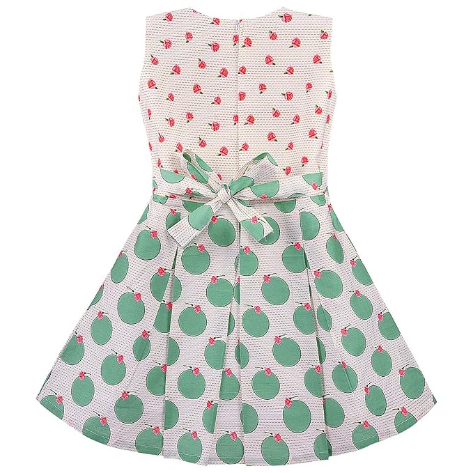 Girls Printed Cotton Dress with Red Waist Belt & Floral Accent