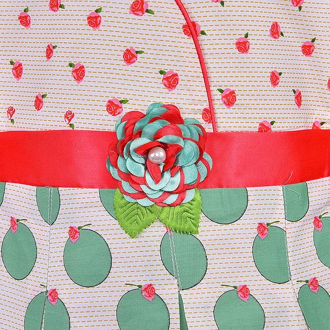 Girls Printed Cotton Dress with Red Waist Belt & Floral Accent
