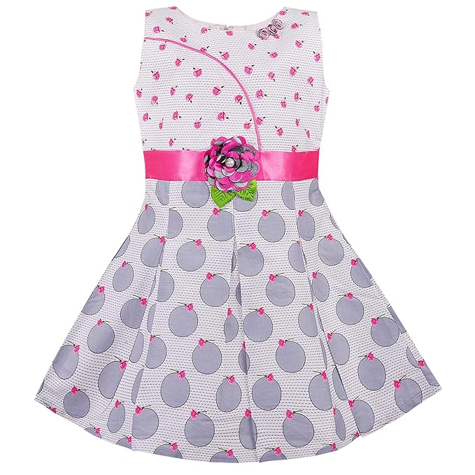 Girls Printed Cotton Dress with Red Waist Belt & Floral Accent