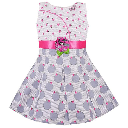 Girls Printed Cotton Dress with Red Waist Belt & Floral Accent