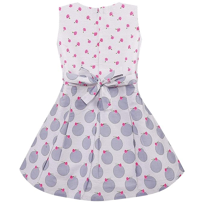 Girls Printed Cotton Dress with Red Waist Belt & Floral Accent