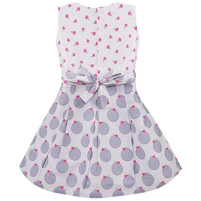 Girls Printed Cotton Dress with Red Waist Belt & Floral Accent