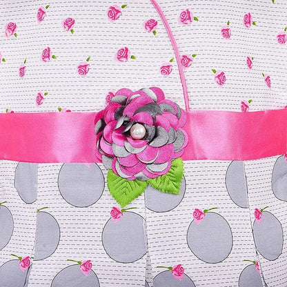 Girls Printed Cotton Dress with Red Waist Belt & Floral Accent
