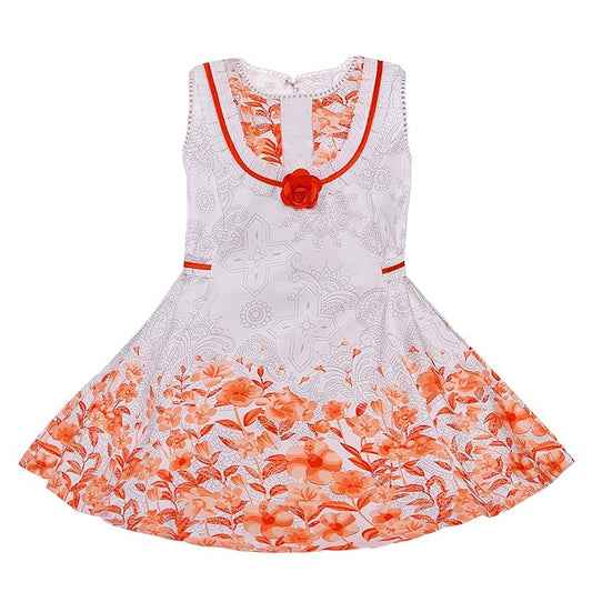 Girls Floral Printed Cotton Dress with Decorative Flower Accent - Wish Karo