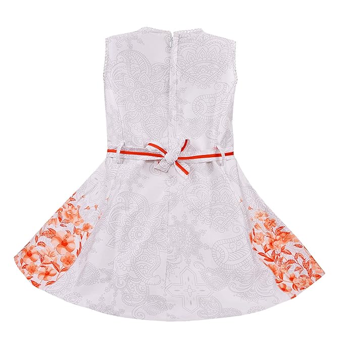Girls Floral Printed Cotton Dress with Decorative Flower Accent
