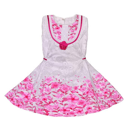 Girls Floral Printed Cotton Dress with Decorative Flower Accent