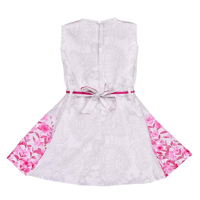 Girls Floral Printed Cotton Dress with Decorative Flower Accent