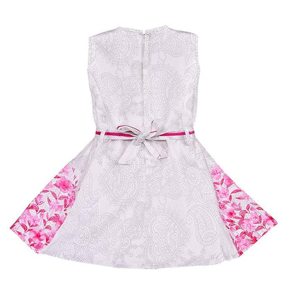 Girls Floral Printed Cotton Dress with Decorative Flower Accent