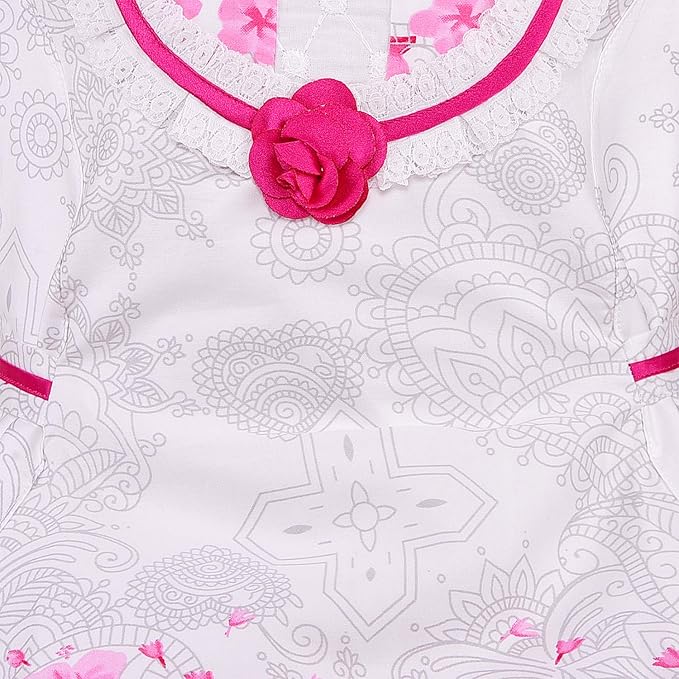 Girls Floral Printed Cotton Dress with Decorative Flower Accent