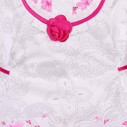 Girls Floral Printed Cotton Dress with Decorative Flower Accent