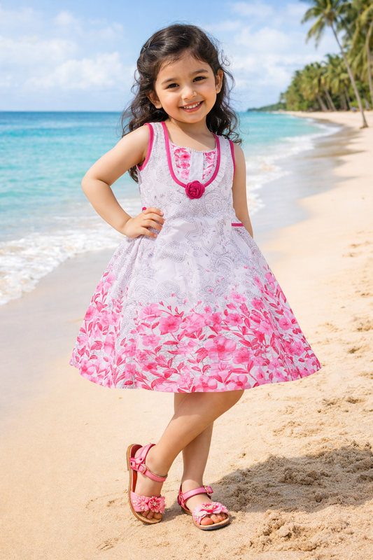 Girls Floral Printed Cotton Dress with Decorative Flower Accent