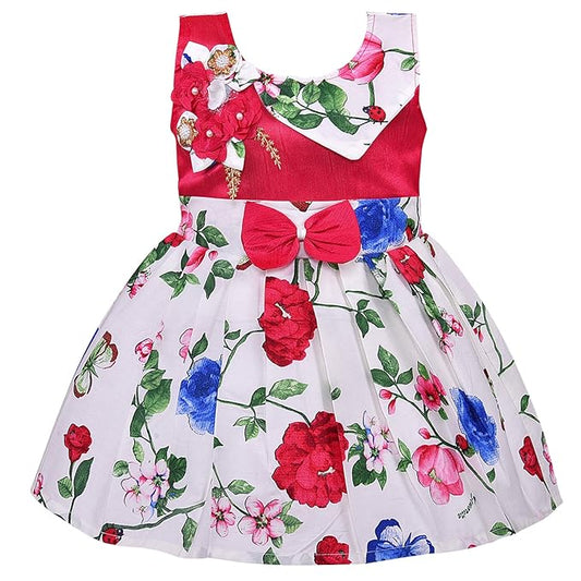 Girls Red & White Floral Printed Cotton Dress with 3D Flower Appliqué & Bow - Wish Karo