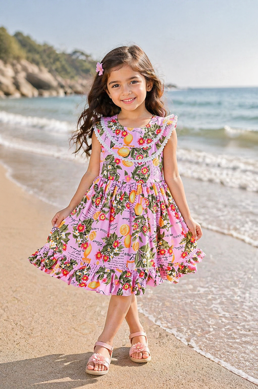 Girls Floral Printed Pure Cotton Ruffled Summer Dress - Wish Karo
