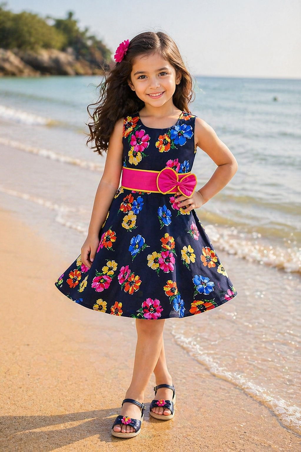 Girls Navy Blue Floral Sleeveless Party Dress with Pink Bow