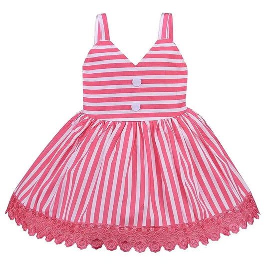 Girls Striped Cotton Party Frock with Lace Hem
