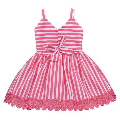 Girls Striped Cotton Party Frock with Lace Hem