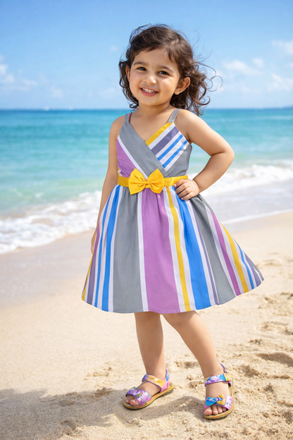 Girls Striped Cotton Party Frock with Lace Hem