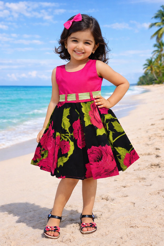 Girls Floral Printed Cotton Dress with Belt - Wish Karo