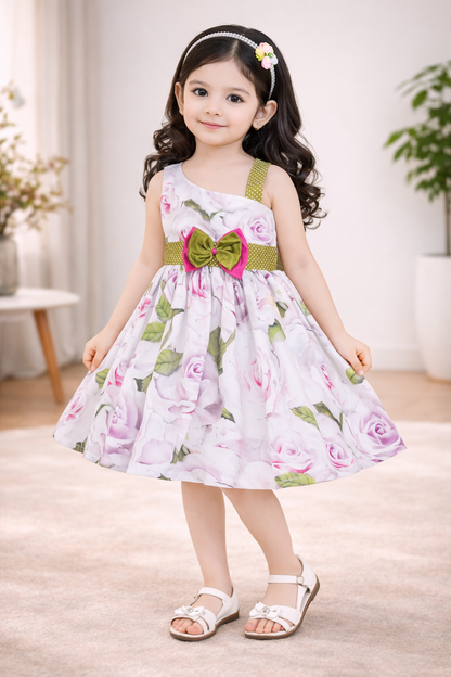 Girls Pure Cotton Pink Rose One-Shoulder Dress - Wish Karo - photo 1