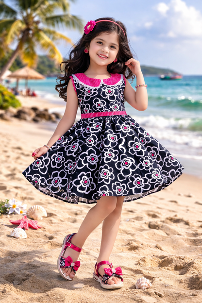 Blue Floral Printed Cotton Girls Dress with Peter Pan Collar