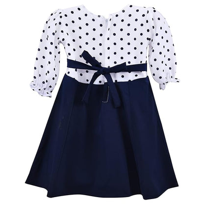 Girls Cotton Polka Dot A-Line Dress with Puff Sleeves and Bow Detail
