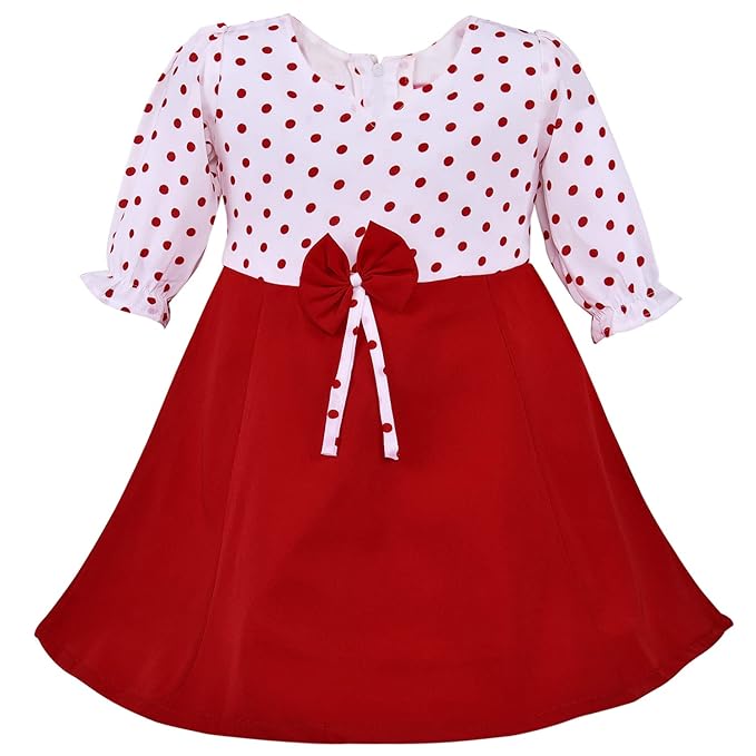 Girls Cotton Polka Dot A-Line Dress with Puff Sleeves and Bow Detail
