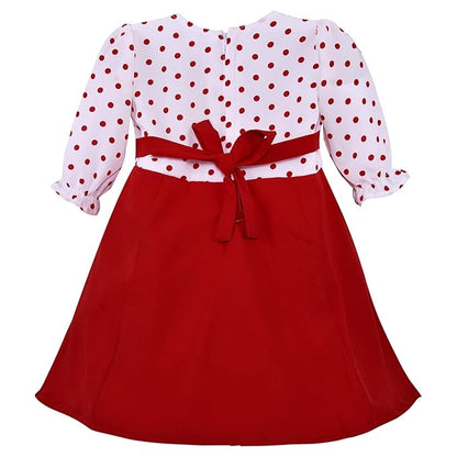 Girls Cotton Polka Dot A-Line Dress with Puff Sleeves and Bow Detail