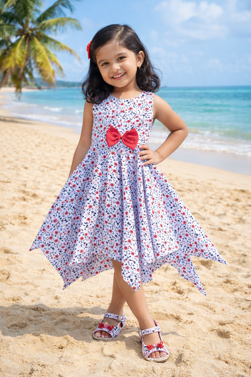 Girls Cotton White Floral Sleeveless Party Dress with Red Bow Detail - Wish Karo