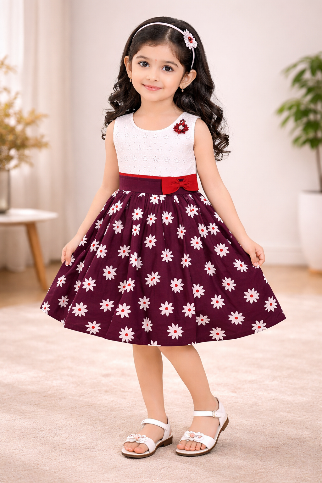 Girls Pure Cotton Floral Printed Bow Summer Dress ctn512mrn