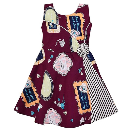 Girls Cotton Printed Party Wear Dress with Stripe Panel & Floral Accent – Soft & Comfortable ctn577