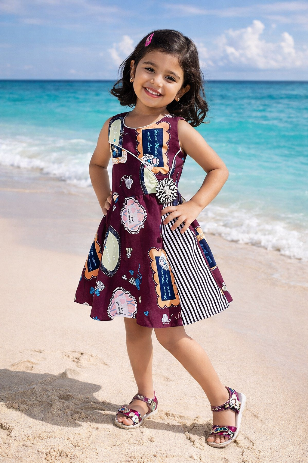 Girls Maroon Printed Cotton Dress with Asymmetrical Panel & Floral Accent ctn557