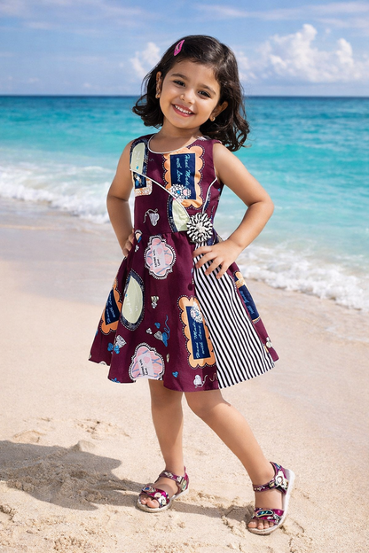 Girls Maroon Printed Cotton Dress with Asymmetrical Panel & Floral Accent ctn557