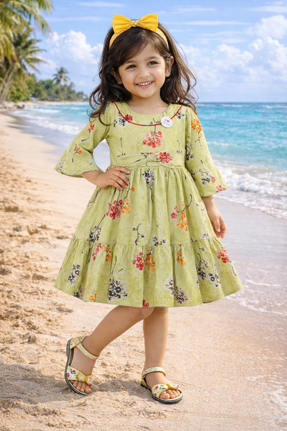 Girls Cotton Floral Printed Fit & Flare Dress with Bell Sleeves  ctn566