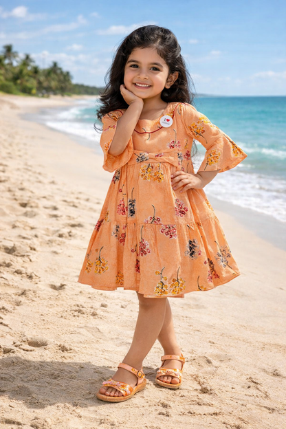Girls Cotton Floral Printed Fit & Flare Dress with Bell Sleeves  ctn566