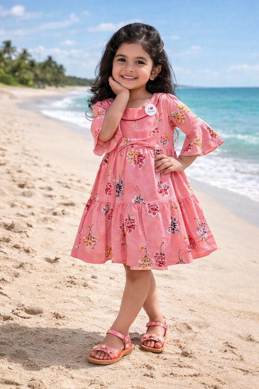Girls Cotton Floral Printed Fit & Flare Dress with Bell Sleeves  ctn566