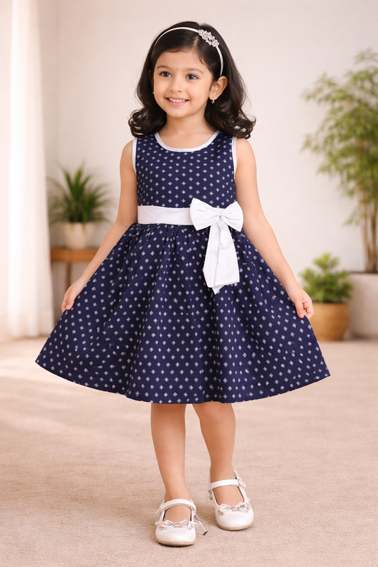 Girls Cotton Printed Sleeveless Frock with Bow – Summer Wear Dress - Wish Karo