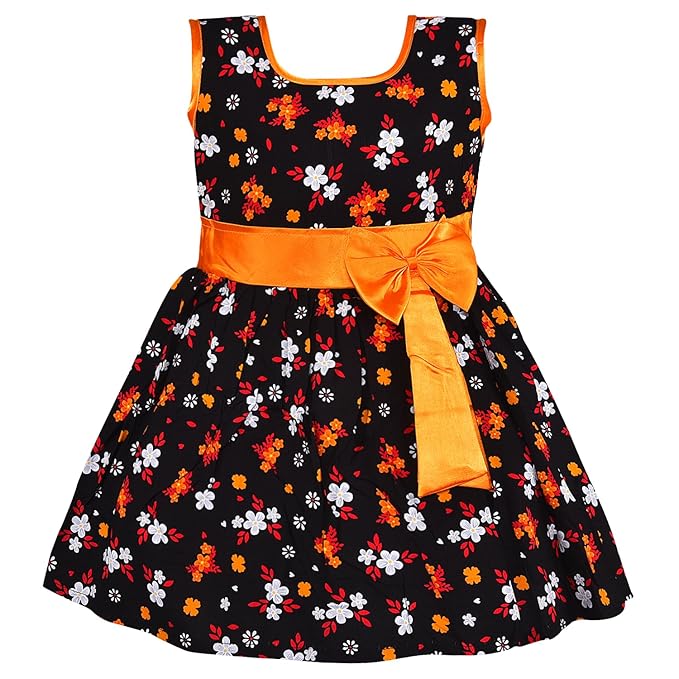 Girls Black Cotton Floral Printed Sleeveless Dress with Bow | Soft & Breathable Kids Casual Party Dress - Wish Karo