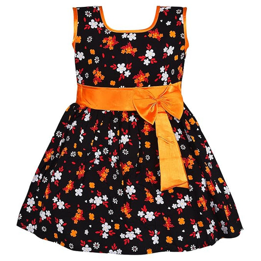Girls Black Cotton Floral Printed Sleeveless Dress with Bow | Soft & Breathable Kids Casual Party Dress - Wish Karo