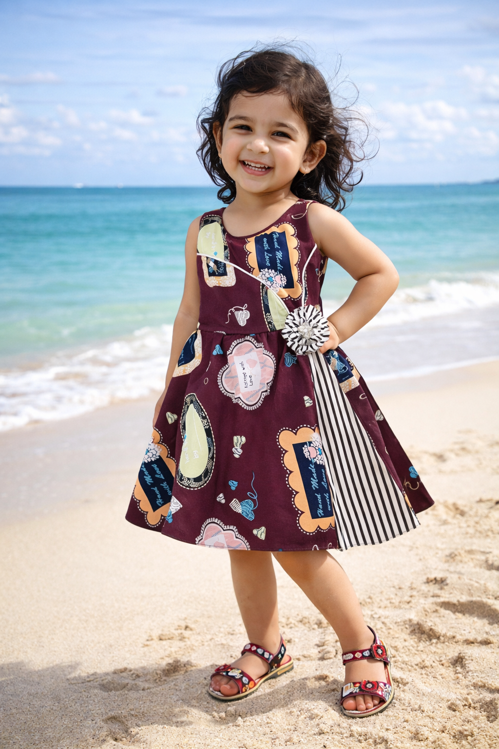 Girls Cotton Printed Party Wear Dress with Stripe Panel & Floral Accent – Soft & Comfortable ctn577