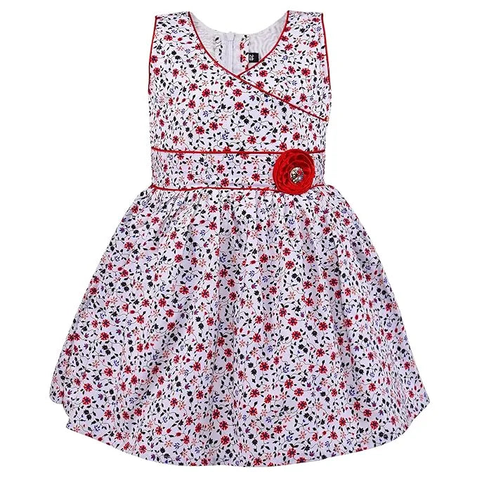 Girls Cotton Printed Party Wear Dress with Stripe Panel & Floral Accent – Soft & Comfortable ctn577