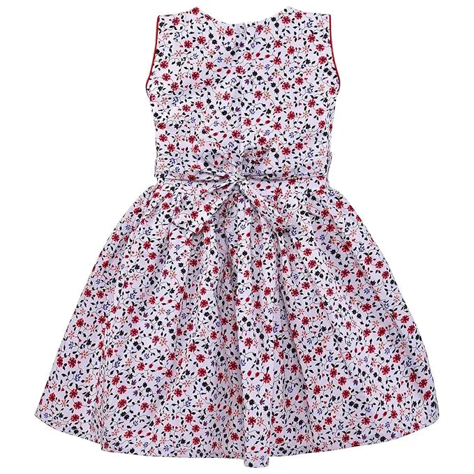 Girls Cotton Printed Party Wear Dress with Stripe Panel & Floral Accent – Soft & Comfortable ctn577