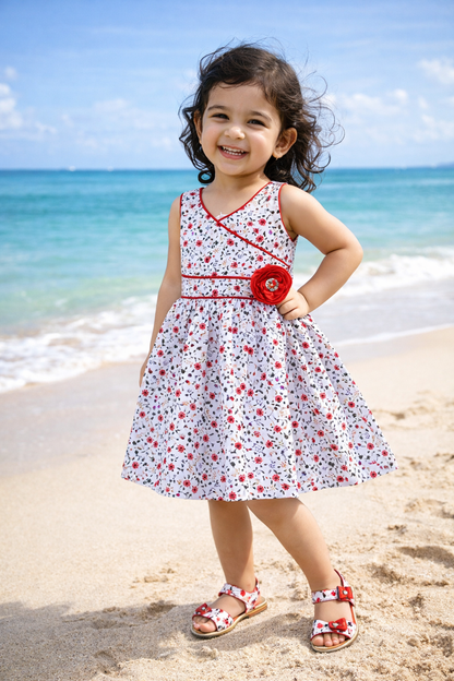 Girls Cotton Printed Party Wear Dress with Stripe Panel & Floral Accent – Soft & Comfortable ctn577