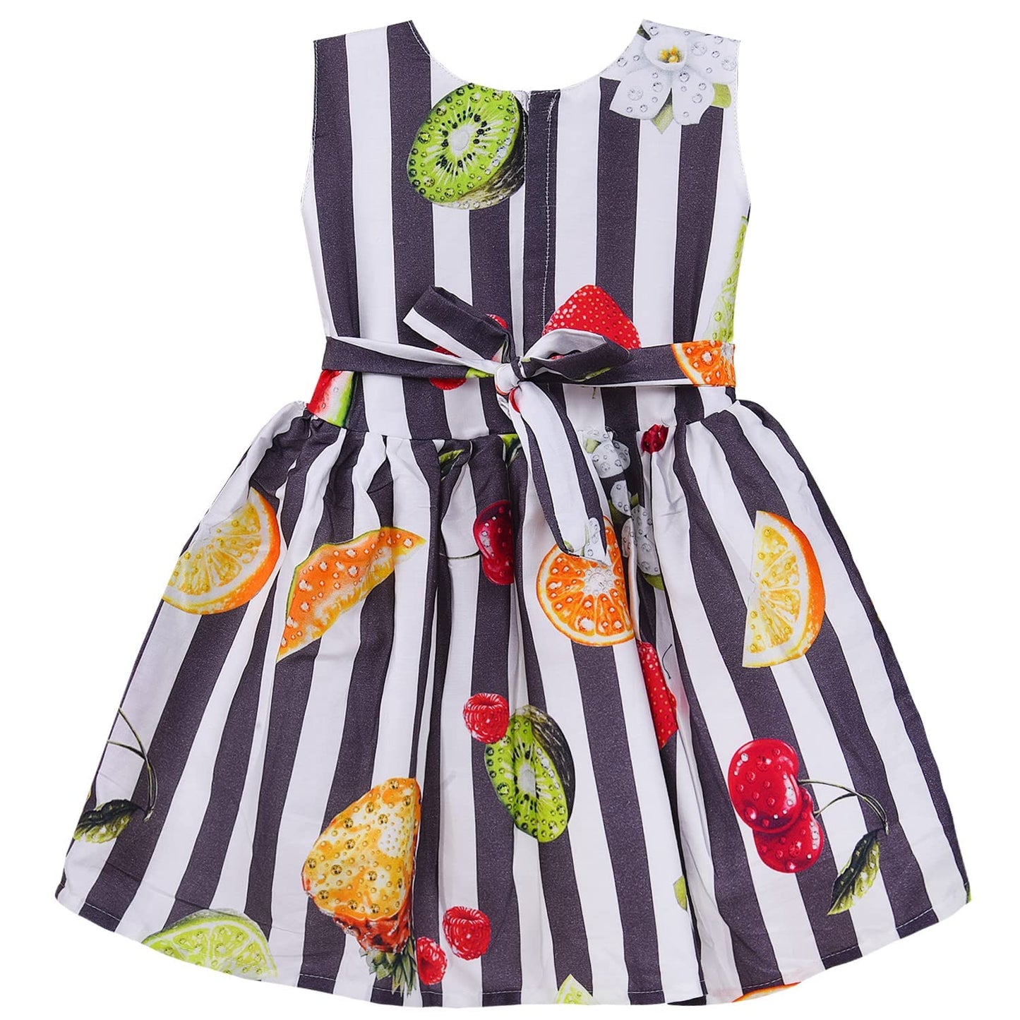 Girls Multicolor Cotton Printed Sleeveless Dress with Bow | Striped Fruit Print Kids Casual Party Dress ctn579