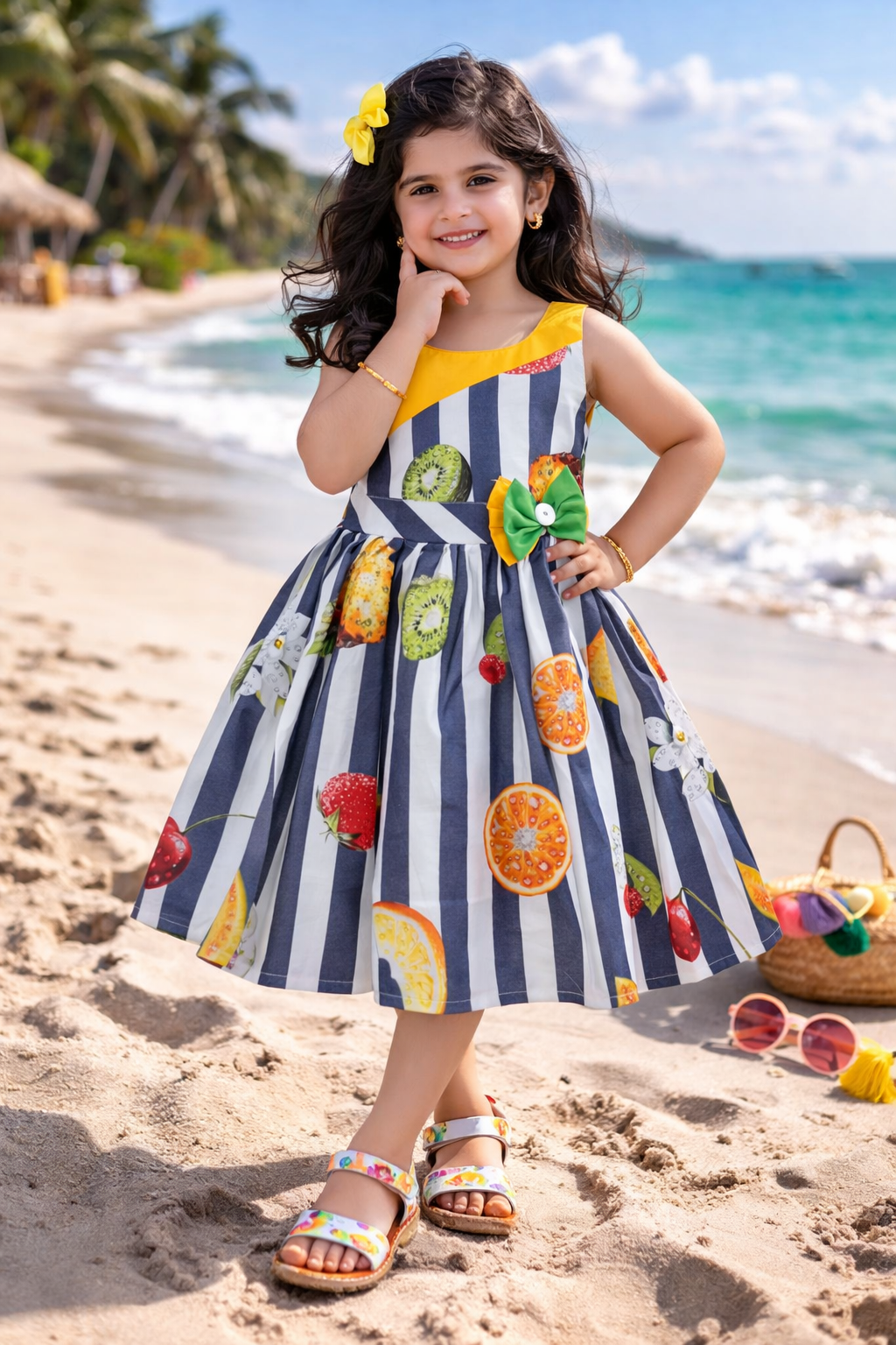 Girls Multicolor Cotton Printed Sleeveless Dress with Bow | Striped Fruit Print Kids Casual Party Dress ctn579