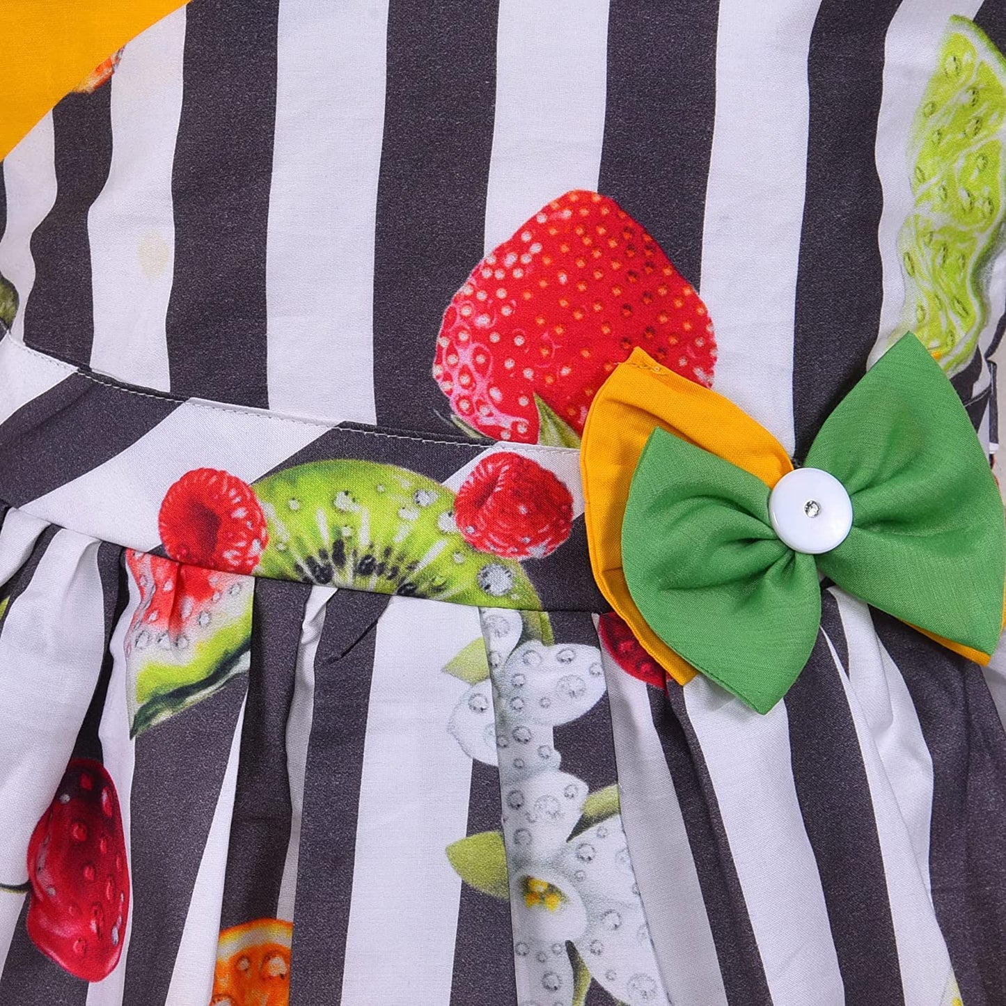 Girls Multicolor Cotton Printed Sleeveless Dress with Bow | Striped Fruit Print Kids Casual Party Dress ctn579