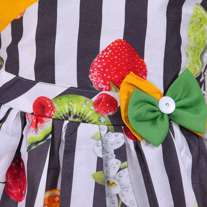 Girls Multicolor Cotton Printed Sleeveless Dress with Bow | Striped Fruit Print Kids Casual Party Dress ctn579