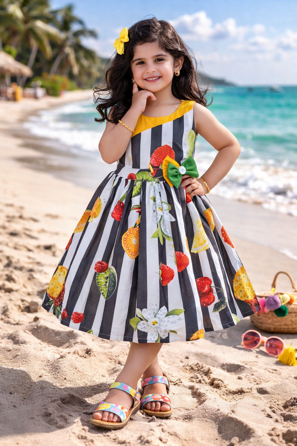 Girls Multicolor Cotton Printed Sleeveless Dress with Bow | Striped Fruit Print Kids Casual Party Dress ctn579