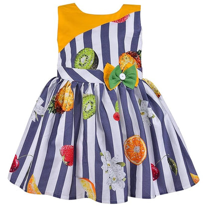 Girls Multicolor Cotton Printed Sleeveless Dress with Bow | Striped Fruit Print Kids Casual Party Dress ctn579